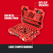 Craftsman CMMT12033L mechanics tool set in red case, angled view, gun metal chrome finish and anti-slip wrenches.