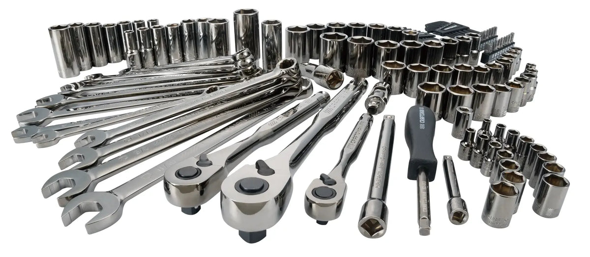 Craftsman CMMT12033 chrome socket set with ratchets, wrenches, and screwdriver, front angle on white background.