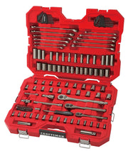 Craftsman CMMT12035L mechanics tool set with sockets, wrenches, and ratchets organized in a red case, front angle.