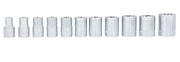 Craftsman socket set CMMT12046, 11-piece, chrome finish, arranged in a row, front angle on white background.
