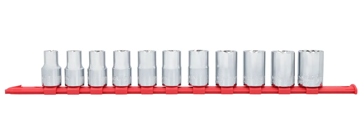Craftsman socket set CMMT12047 with twelve chrome sockets on red rail, front angle, white background.