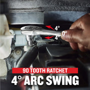 Photo of CRAFTSMAN ratchet CMMT12108 in use, showing 4° arc swing and 90 tooth mechanism in automotive setting.