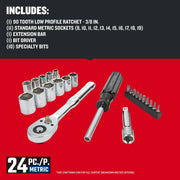 Photo of Craftsman 24-piece metric socket set CMMT12111 with ratchet, sockets, extender, bit driver, and specialty bits.