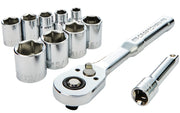A set of chrome-plated socket wrenches, including a ratchet handle, extension bar, and several different-sized sockets. The handle features branding and the tools are arranged on a white background.