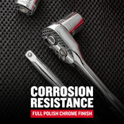 Craftsman ratchet and socket with SKU CMMT12134, chrome finish, close-up on textured black surface.