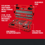 Craftsman mechanics tool set CMMT12134 in red blow mold case with ratchets, sockets and chrome finish.