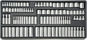 A tray containing a large set of silver-colored socket wrenches arranged neatly in rows. The tray is black and the sockets come in various sizes and types.