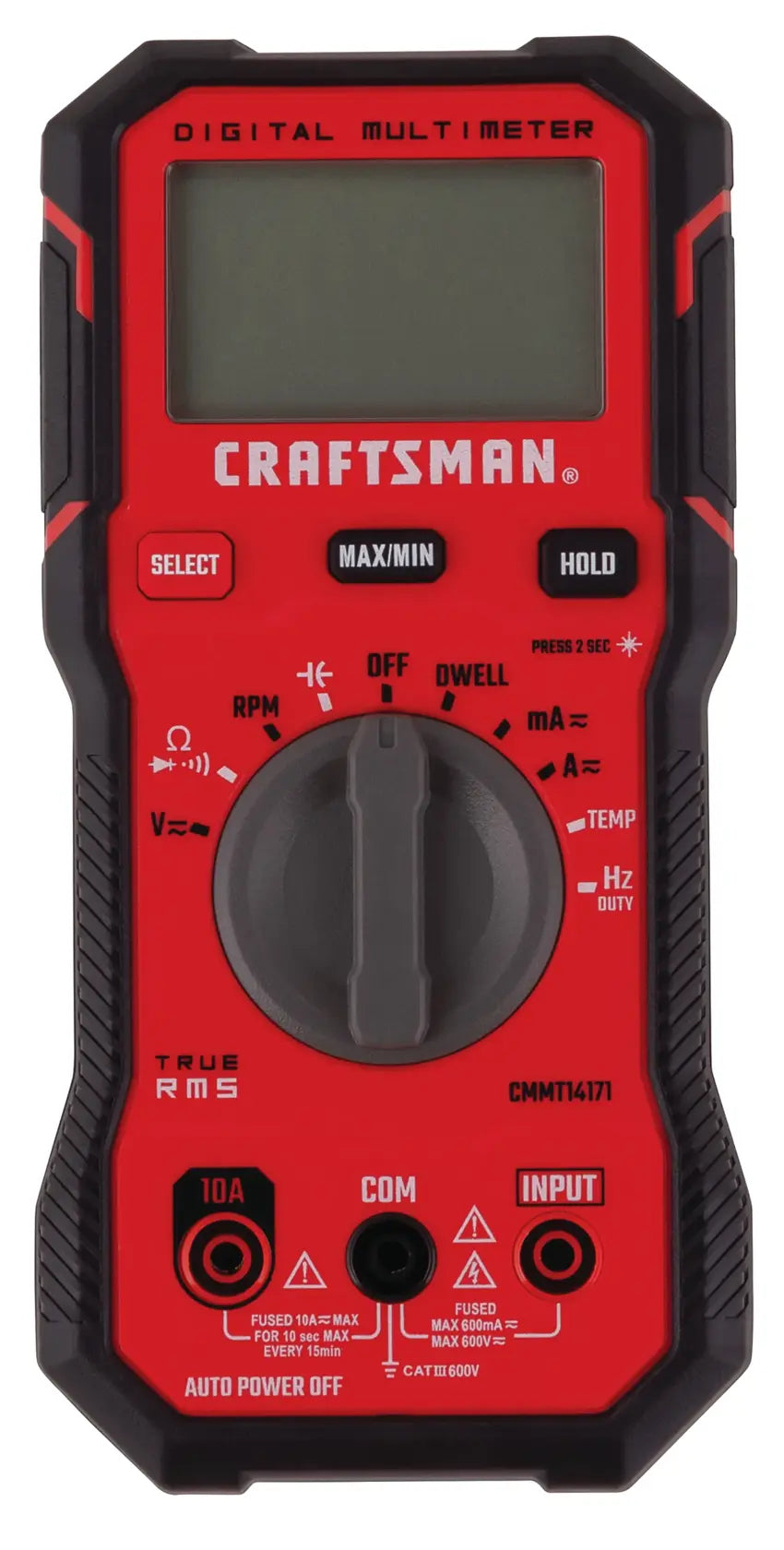 Front view photo of Craftsman digital multimeter, red and black, SKU CMMT14171, with rotary dial and display.