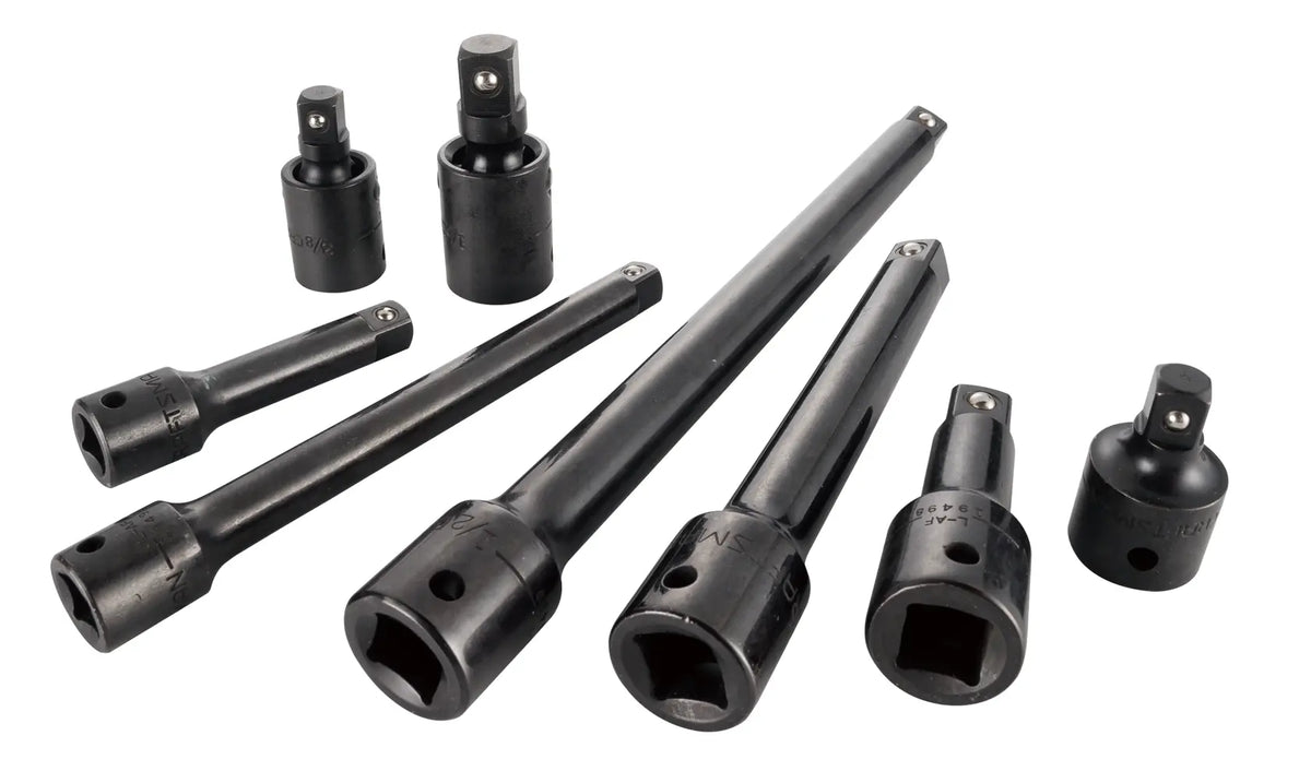 Craftsman CMMT15358 black socket accessory set with multiple extension bars and adapters, angled on white background.