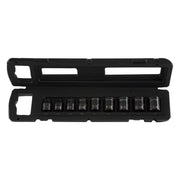 Photo of CRAFTSMAN socket set CMMT15880, black hard case open to show 10 sockets arranged by size, front angle.