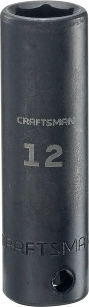 Craftsman CMMT15901 deep socket, 12mm, black, front angle on white background.