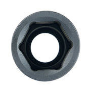Close-up of a hexagonal metal object with a circular hole in the center, viewed from above, on a white background.