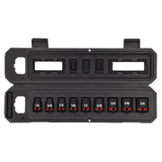 A black plastic carrying case open to display a set of nine CRAFTSMAN socket wrenches arranged in a row by size, from 1/4 to 3/4 inches. Each socket is labeled and has a red accent near the base.