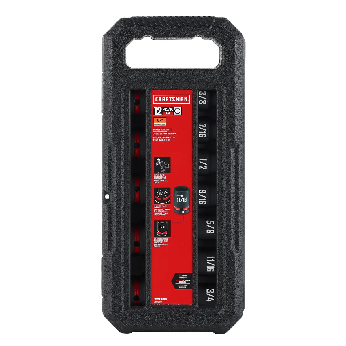 CRAFTSMAN 12-piece impact socket set in a black plastic carrying case. The sockets are labeled with sizes ranging from 3/8 to 3/4 inch and are organized vertically within the case. The red label in the center provides product information and features the CRAFTSMAN logo.