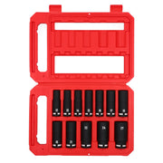 A set of eleven black deep impact sockets with white size markings organized in a red plastic carrying case. The socket sizes range from 12 to 27 millimeters and are neatly arranged in individual slots.