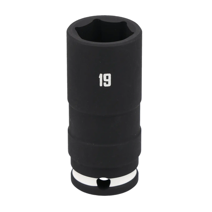 A close-up image of a black Craftsman 19 mm impact socket, standing upright with a white '19' marking visible on its side.