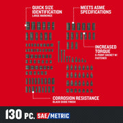 Craftsman 130-piece socket set SAE/Metric, black, layout on red, features CMMT17901 graphics.