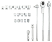 Craftsman CMMT17904 chrome socket and ratchet set, photo of tools laid out on white background.