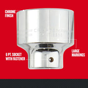 Photo of CRAFTSMAN 6 pt. socket with chrome finish, large markings, and fastener, SKU CMMT17904, front angle.