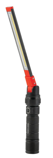 Front angle photo of Craftsman CMMT25164 black and red LED work light with adjustable arm.