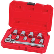CRAFTSMAN CMMT34553 socket wrench set with ratchet and sockets in a red case, front angle view.