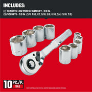 Craftsman CMMT34563 10-piece SAE socket set with 90-tooth 3/8 in. ratchet and nine chrome sockets, front angle on white.