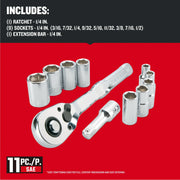 Craftsman ratchet and socket set CMMT34870, 11-piece SAE, chrome finish, with extension bar, product on white angle.