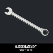 Photo of Craftsman graphics CMMT38960 combination wrench with 12-point box end on black background.