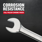 Craftsman chrome polished open-end wrench CMMT38961, angled view, corrosion resistance graphics.