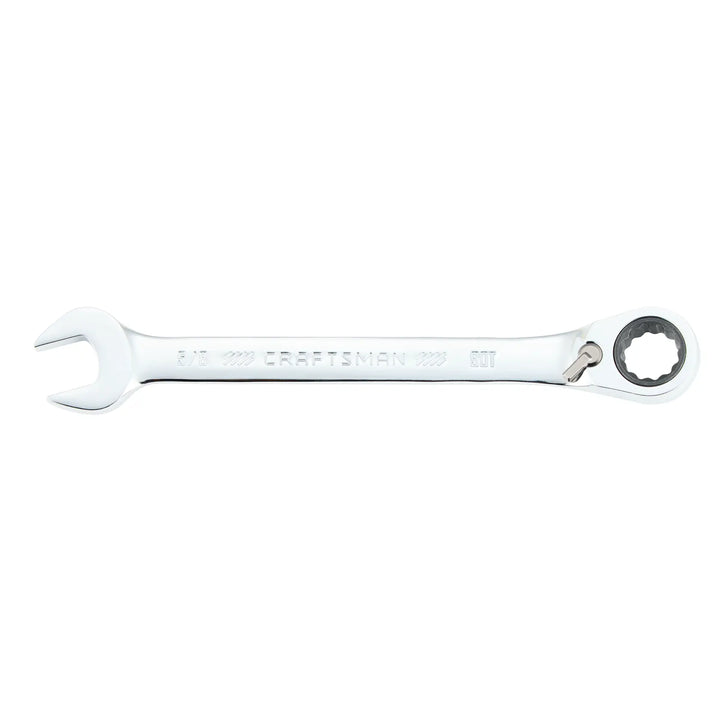 Photo of Craftsman 5/8 inch ratcheting combination wrench, CMMT42417, silver finish, side angle on white background.