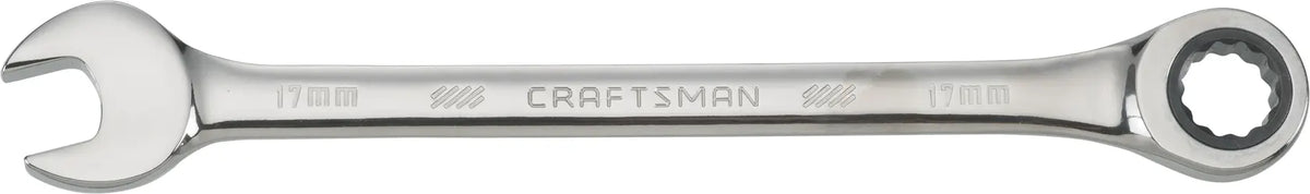 Photo of a Craftsman CMMT42575 17mm combination ratcheting wrench, chrome finish, top view, white background.