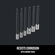 Photo of Craftsman long hex bit socket set, SKU CMMT42607, six pieces with chrome finish, shown upright on white background.