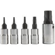 Photo of CRAFTSMAN CMMT42616 Torx bit socket set, five chrome and black sockets on white background.