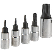 Photo of CRAFTSMAN Torx bit socket set, chrome finish, upright, SKU CMMT42616, front angle.