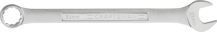 Photo of CRAFTSMAN CMMT42938 21mm combination wrench, silver finish, box end and open end, side angle, white background.