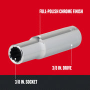Craftsman chrome 3/8 in. drive socket, model CMMT43301, angled view on red background.