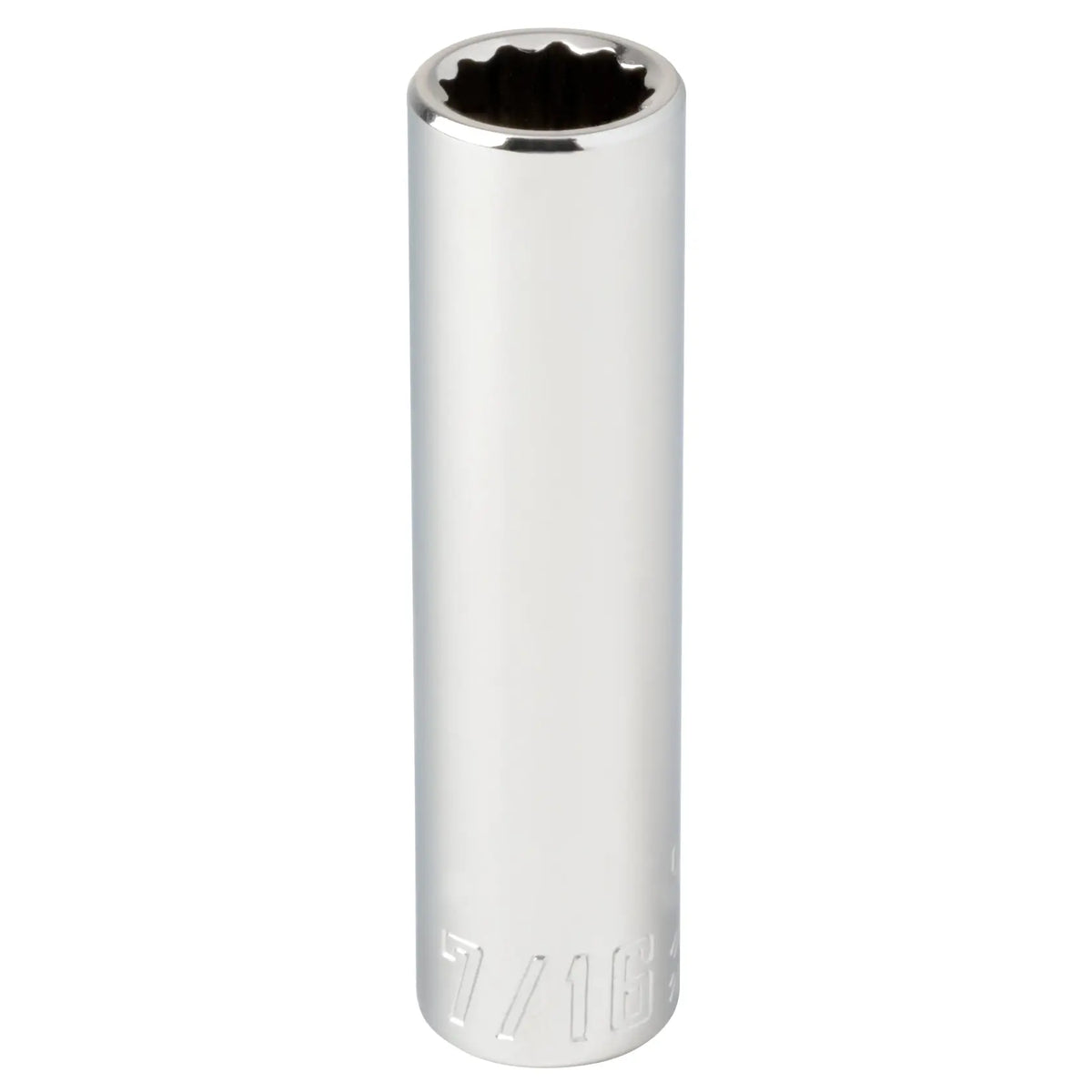 Craftsman chrome long socket, 7/16 inch size, front angle, CMMT43311.