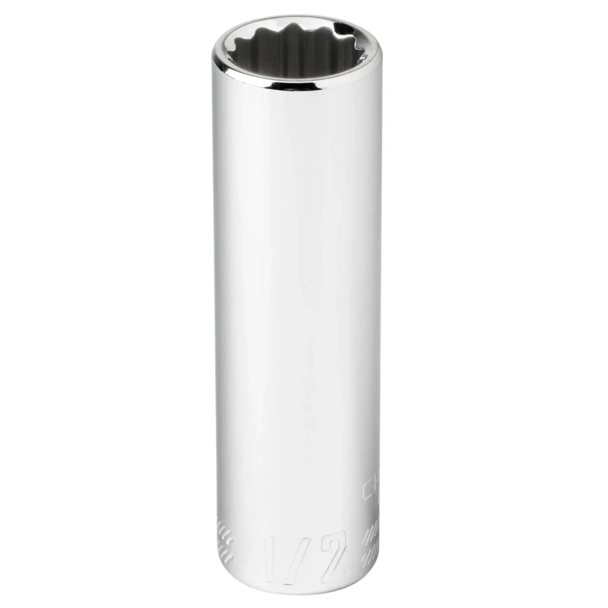 Craftsman 1/2 inch deep socket, chrome finish, tool category, front angle, CMMT43312.