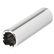 Craftsman chrome deep socket tool side view CMMT43312, with twelve-point interior and knurled end.