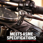 Close-up of CRAFTSMAN ratchet and socket in use, SKU CMMT43508, showing ASME specification text.