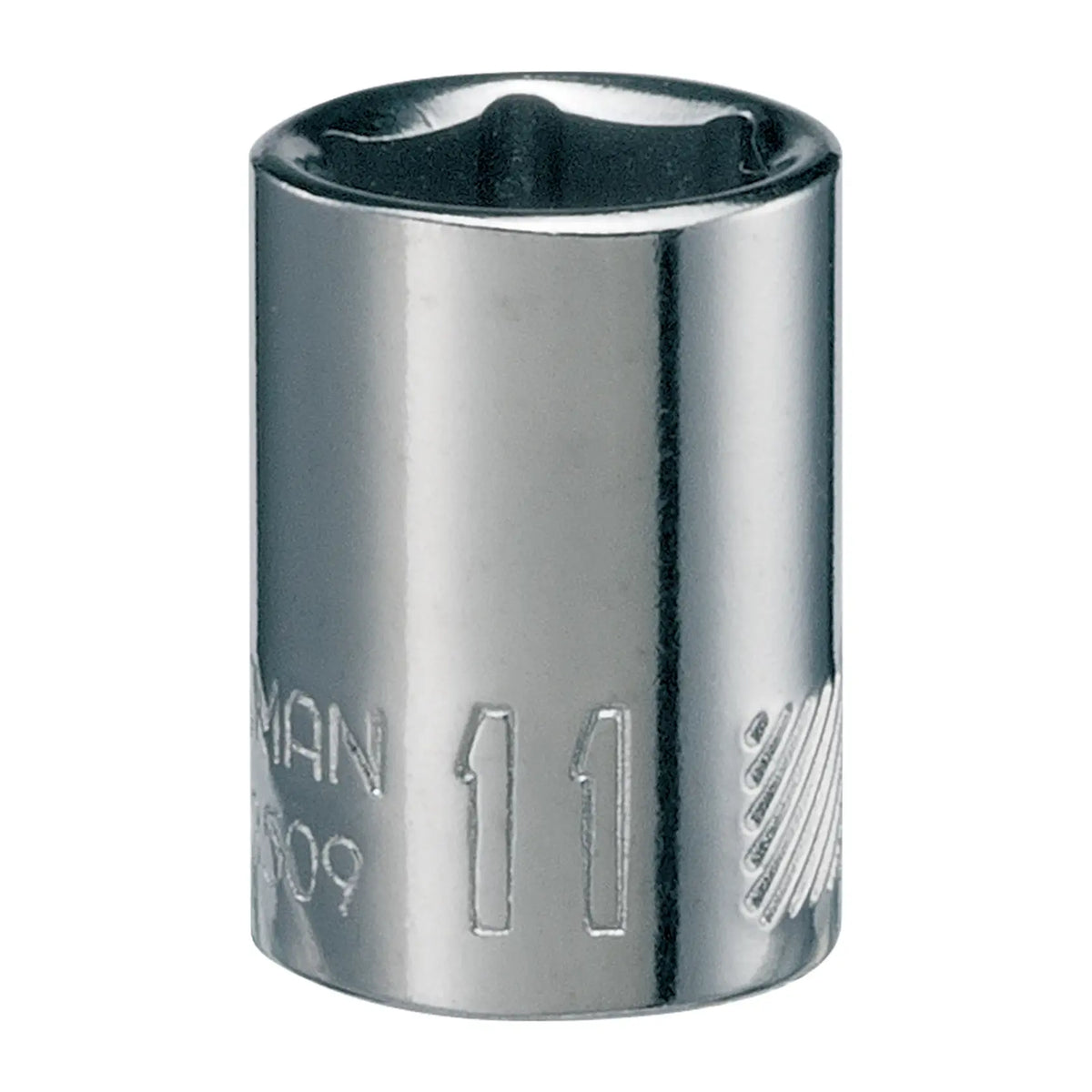Photo of Craftsman CMMT43509 chrome socket, 11 mm size, front angle on white background.