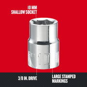 Craftsman 10 mm shallow socket, model CMMT43542, chrome finish, 3/8 in. drive, large stamped markings, front angle.