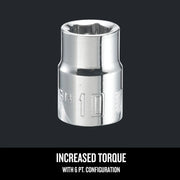 Photo of CRAFTSMAN socket, chrome finish, 10mm size, 6-point, SKU CMMT43542, front angle, on dark background.