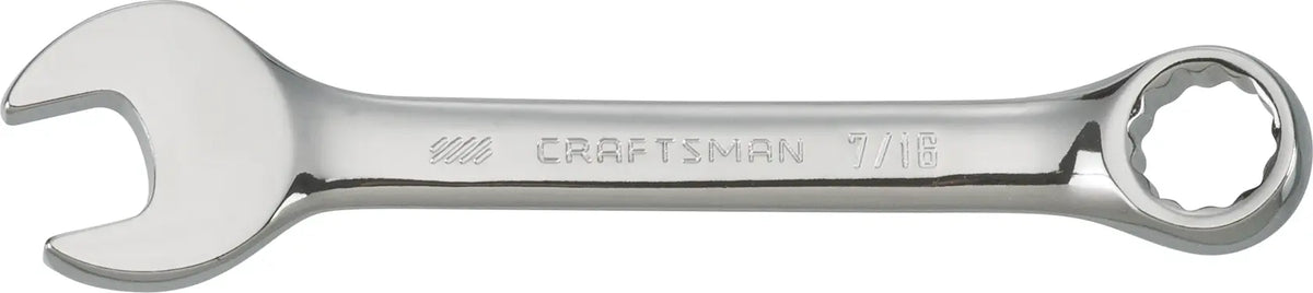 Craftsman CMMT44104 combination wrench, chrome finish, 7/16 size, side angle on white background.