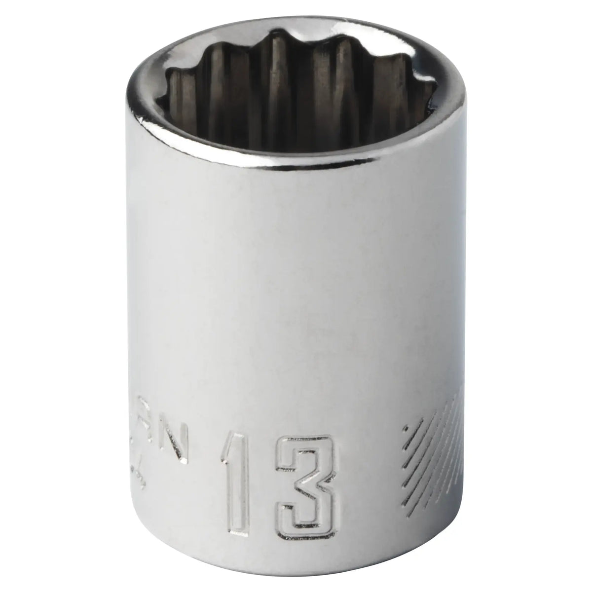 Craftsman chrome 13mm socket, CMMT44304, photographed upright on white background.