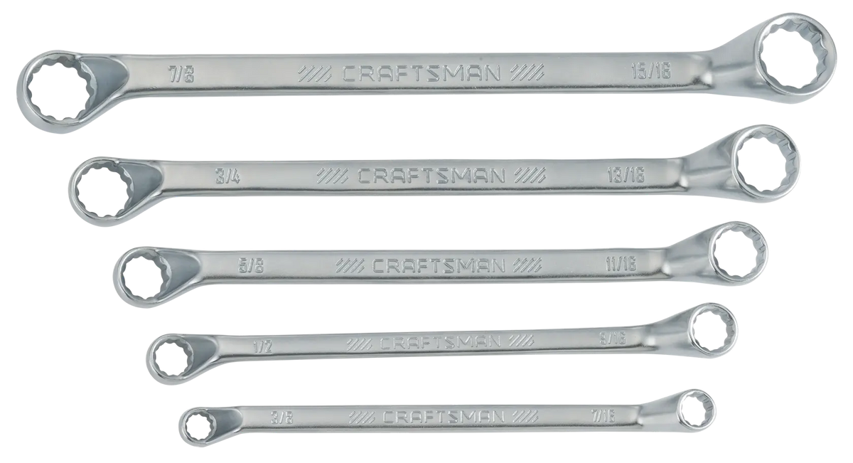 Photo of Craftsman CMMT44349 box end wrench set, five silver wrenches, top view, on white background.