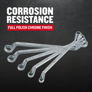 Photo of CRAFTSMAN box end wrench set CMMT44349, silver chrome finish, five wrenches fanned out on black background.