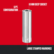 Craftsman 10 mm deep socket, 6-point, large stamped markings, vertical angle, CMMT44407.