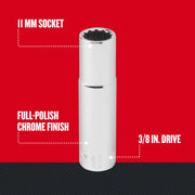Craftsman 11 mm socket CMMT44415 with full-polish chrome finish and 3/8 inch drive, straight angle, on white background.