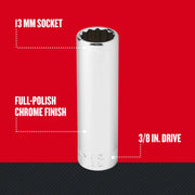 Craftsman 13mm socket, full-polish chrome finish, 3/8 in. drive, vertical view, CMMT44417.